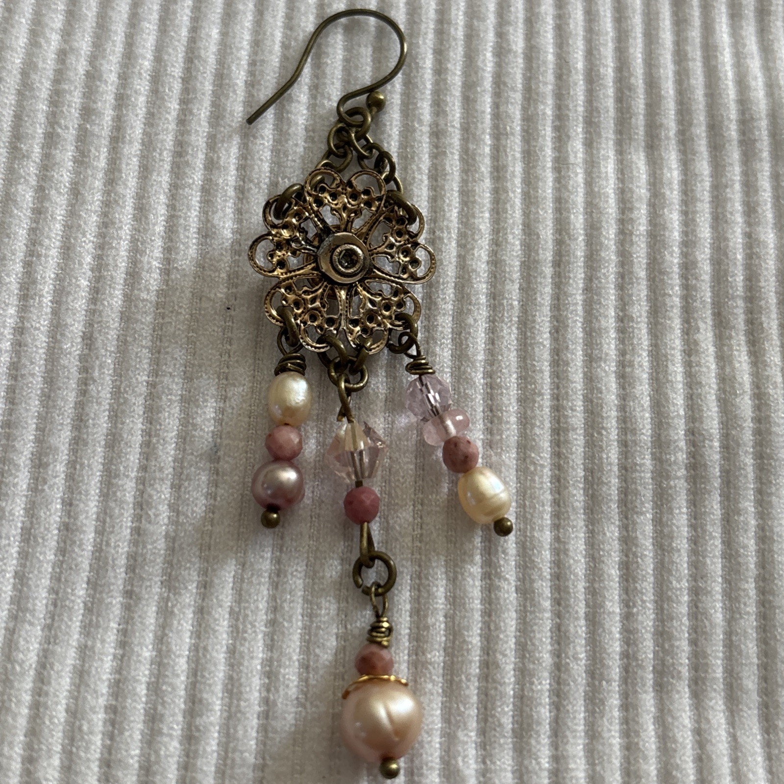Vintage Boho Earrings Brass-Tone w/Opal-Glass on Alloy Filigree, Pearl+ danglers