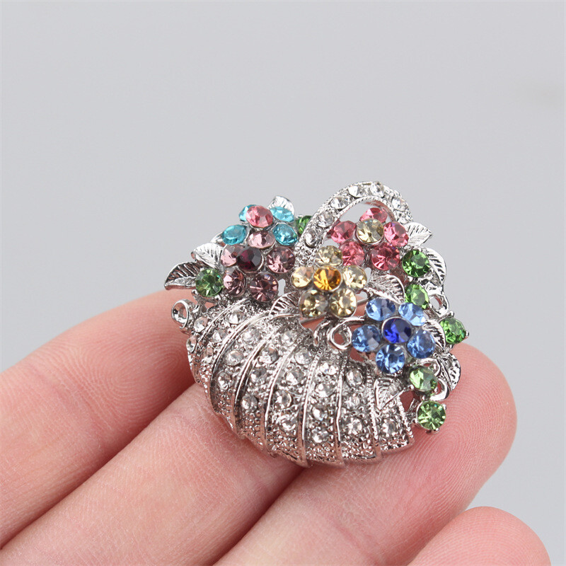 Vintage Gold and Silver Flower Basket Bouquet Rhinestone Crystal Brooches Pins