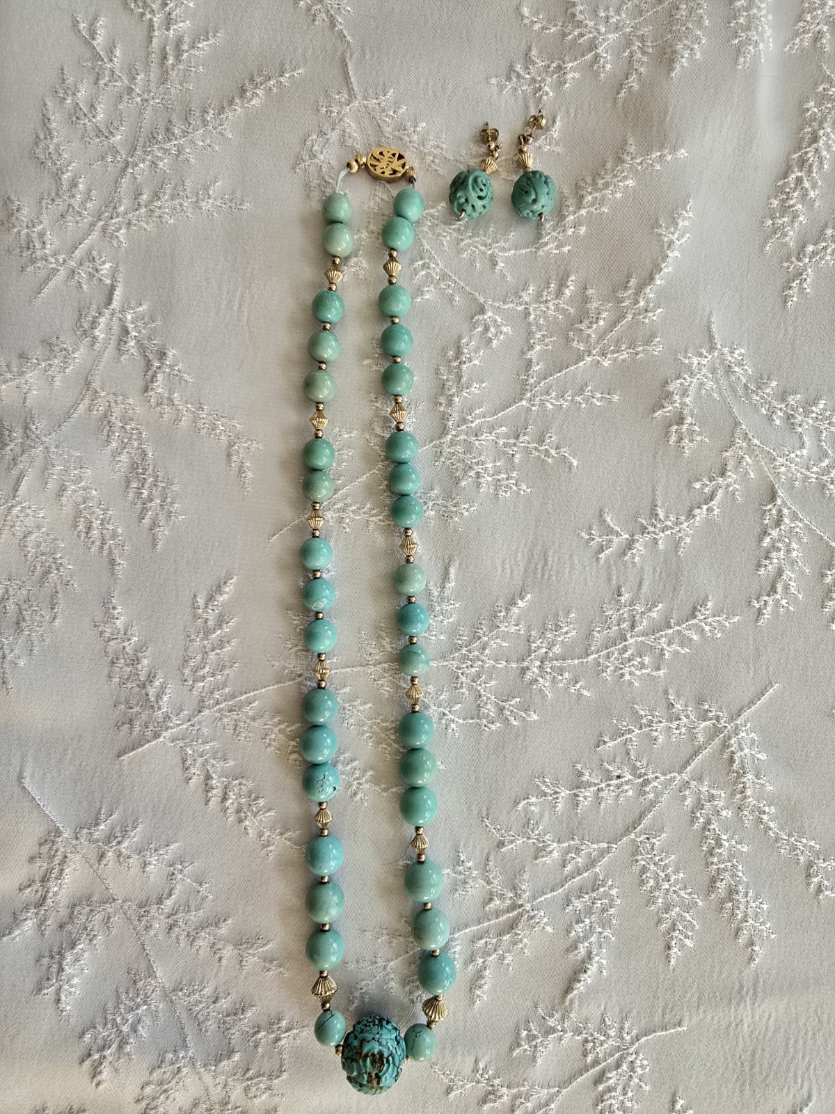 Chinese Turquoise Shou Carved Bead Earrings & Necklace 21” Gold Plated Clasp
