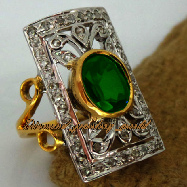 1.89ctw Rose Cut Diamond Emerald Studded Silver Victorian Gorgeous Ring Jewelry