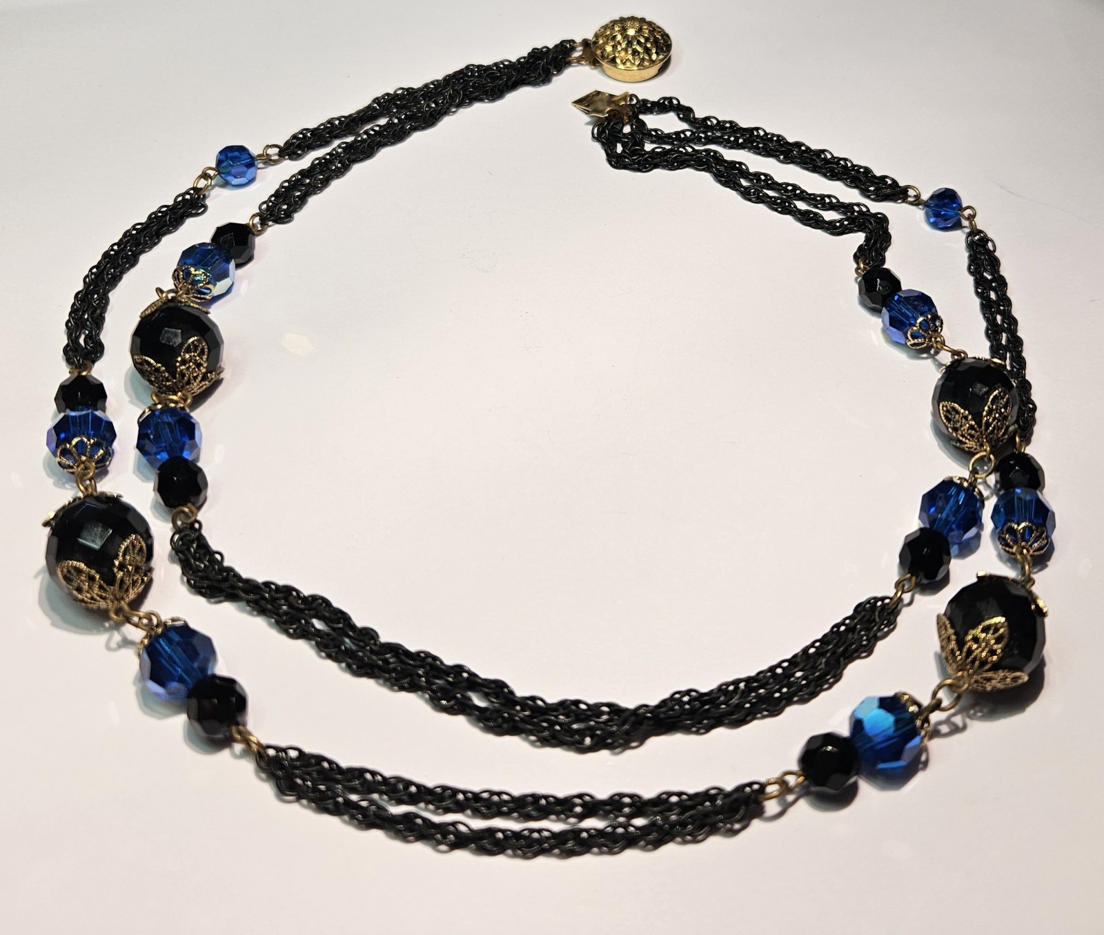 VINTAGE STYLE COLBALT BLUE & BLACK CRYSTAL w/BLACK 2 STRAND CHAIN NECKLACE