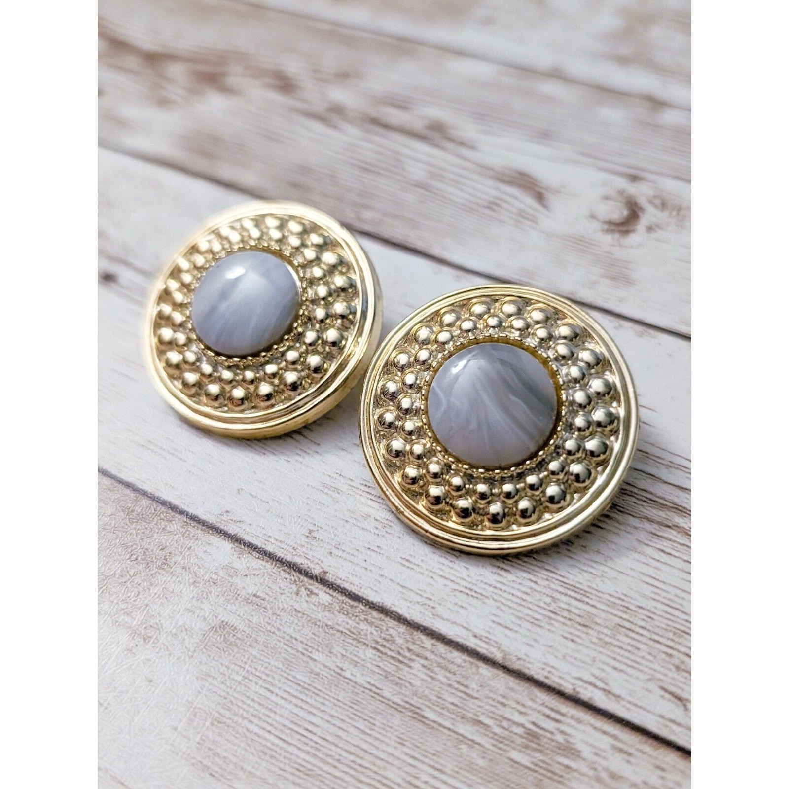 Vintage Clip On Earrings Stunning Statement Gold Tone with Unusual Center 1.25″