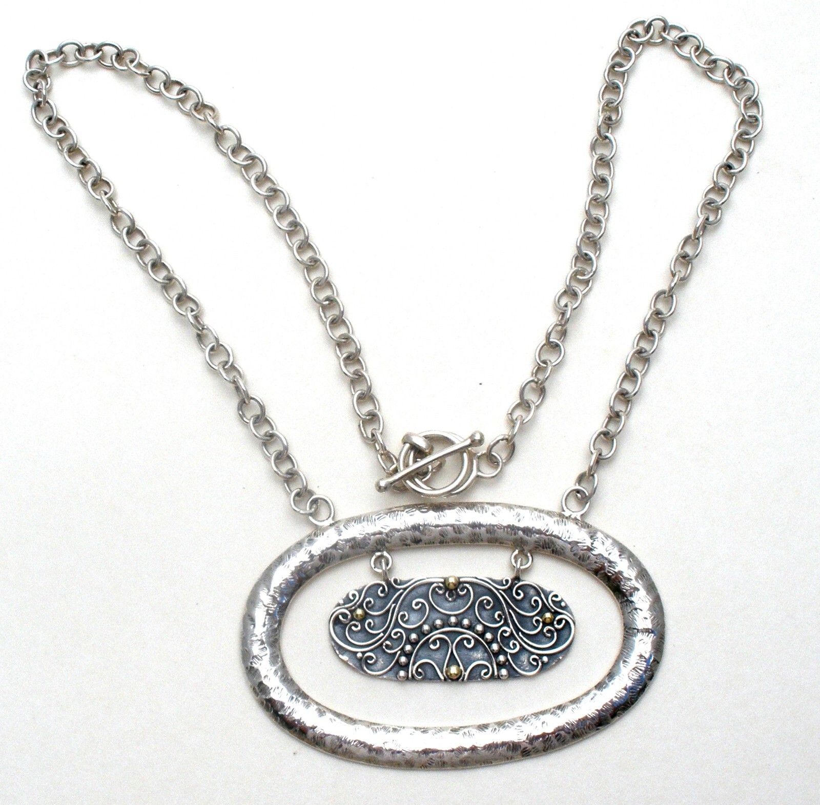 Sterling Silver & 18K Gold Necklace Oval Medallion Designer Jewelry 17″ Long