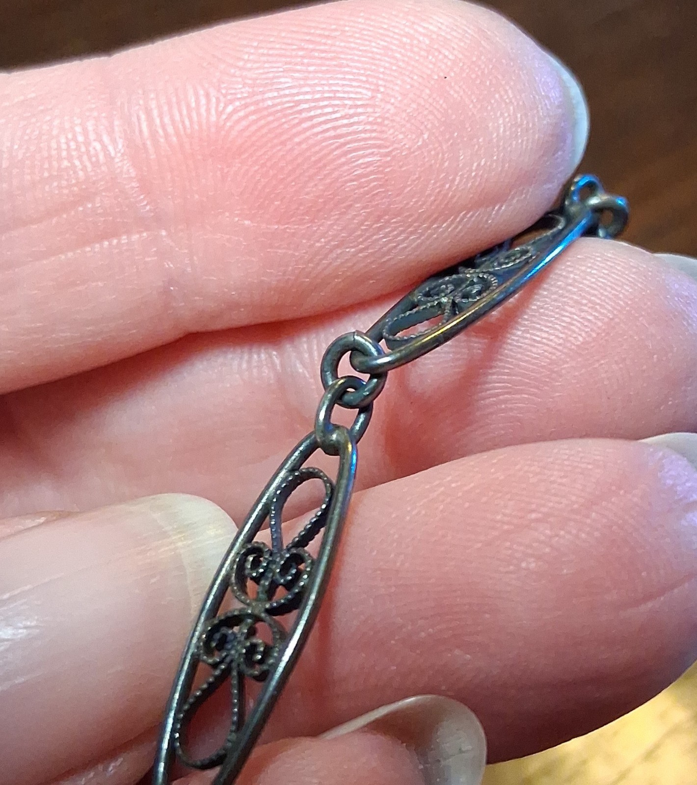 Antique Victorian 800 Silver Filigree Chain 31-32″ Missing Bead See Pics/Descrip