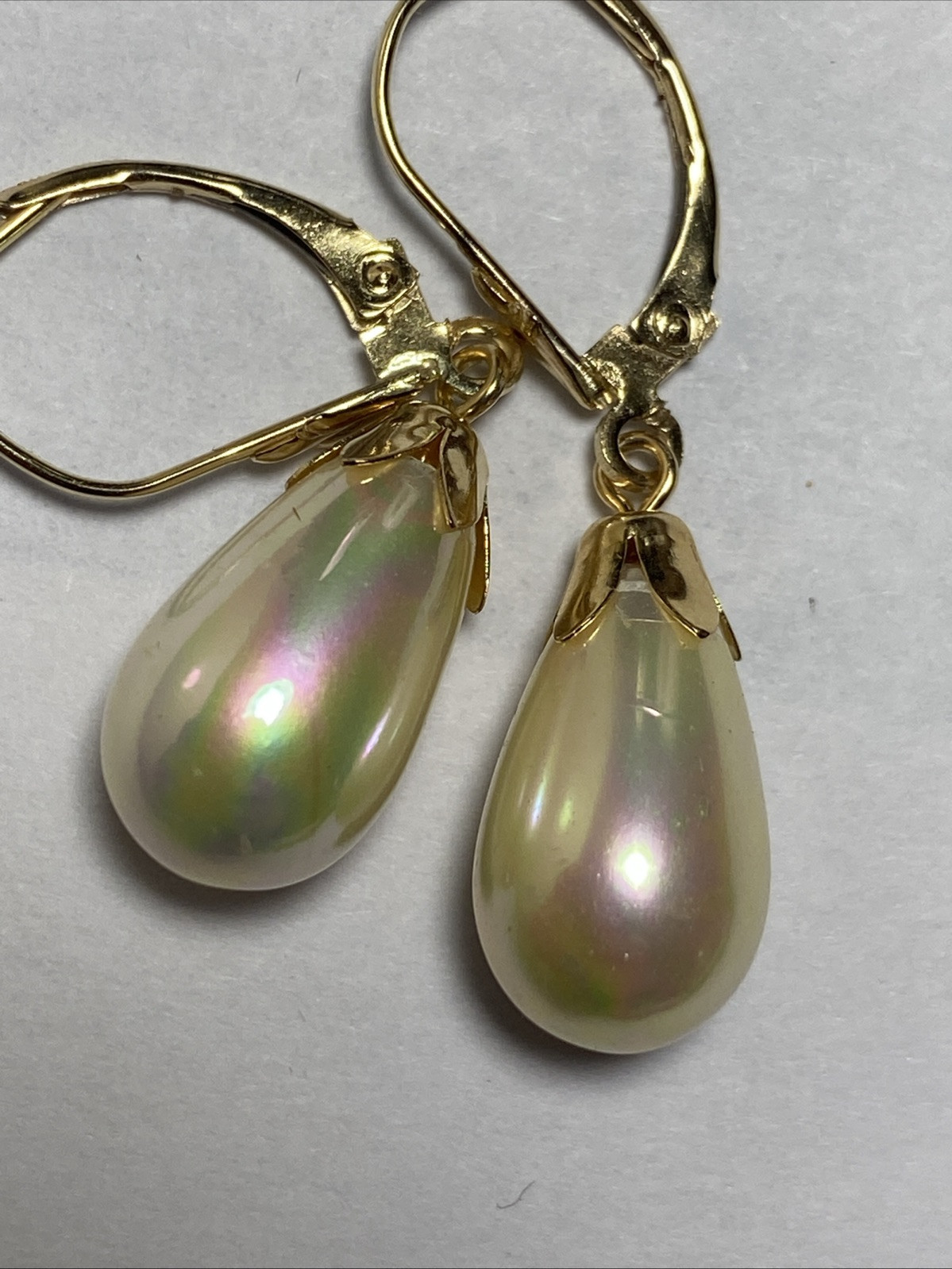 Earrings Pierced 14K Lever Back Majorca Broilette Fax Pearls Iridescent Unused