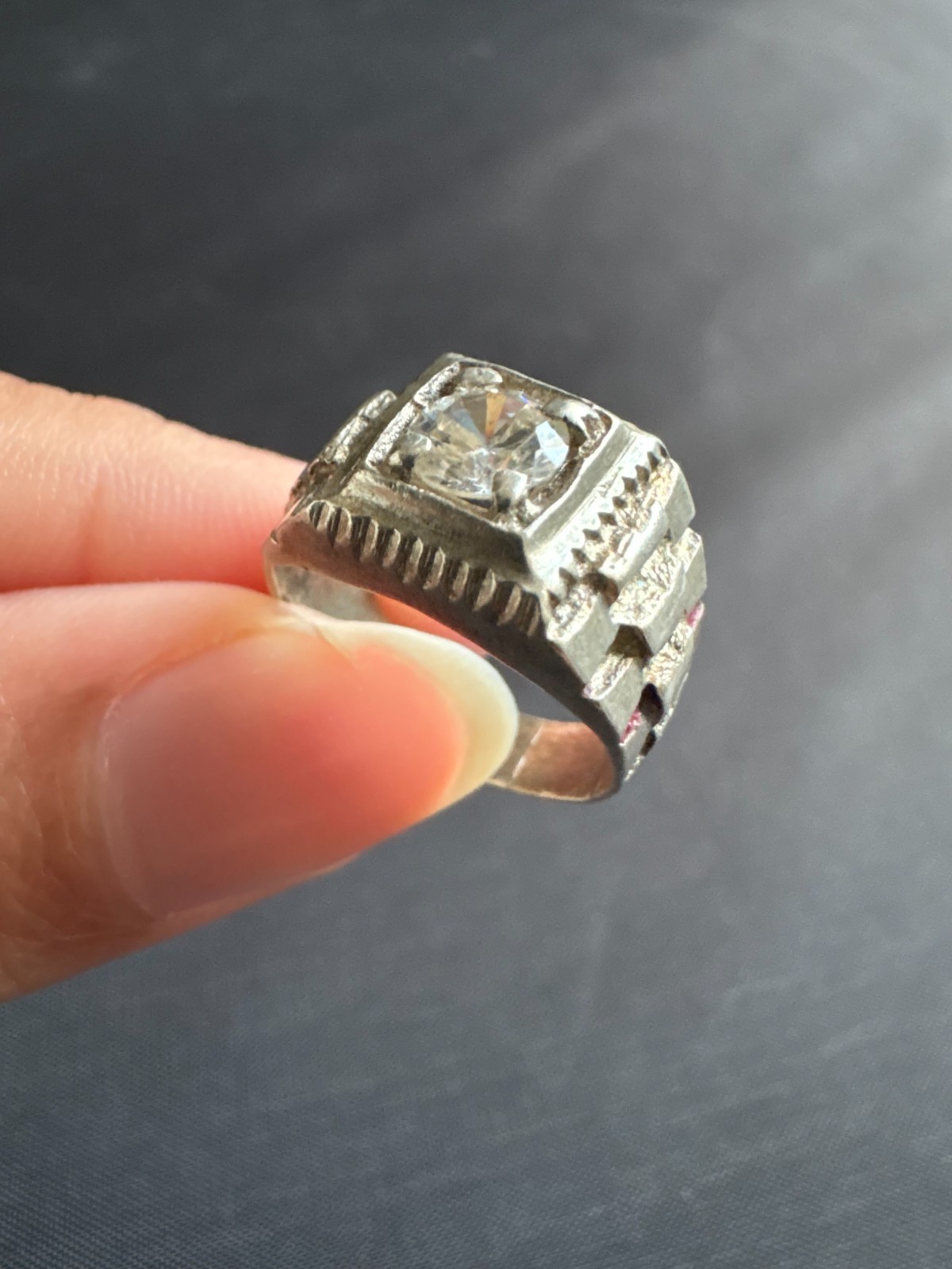 Vintage 925 Sterling Silver Chain Link Band CZ Stone Ring Handmade Size 4.75 US