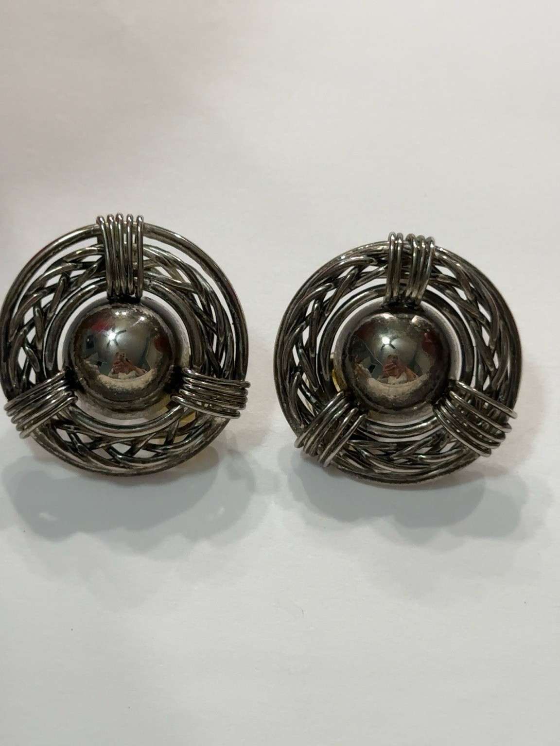 Vintage 1980s Silver Tone Woven Dome Clip On Statement Earrings Modernist Bold