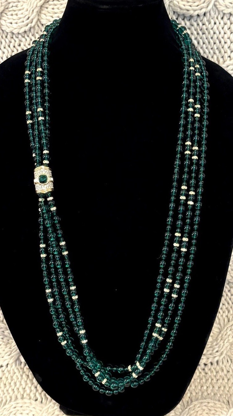 RARE SWAROVSKI VTG Multi Strand Green Crystal Glass Beaded Mogul Necklace 36”