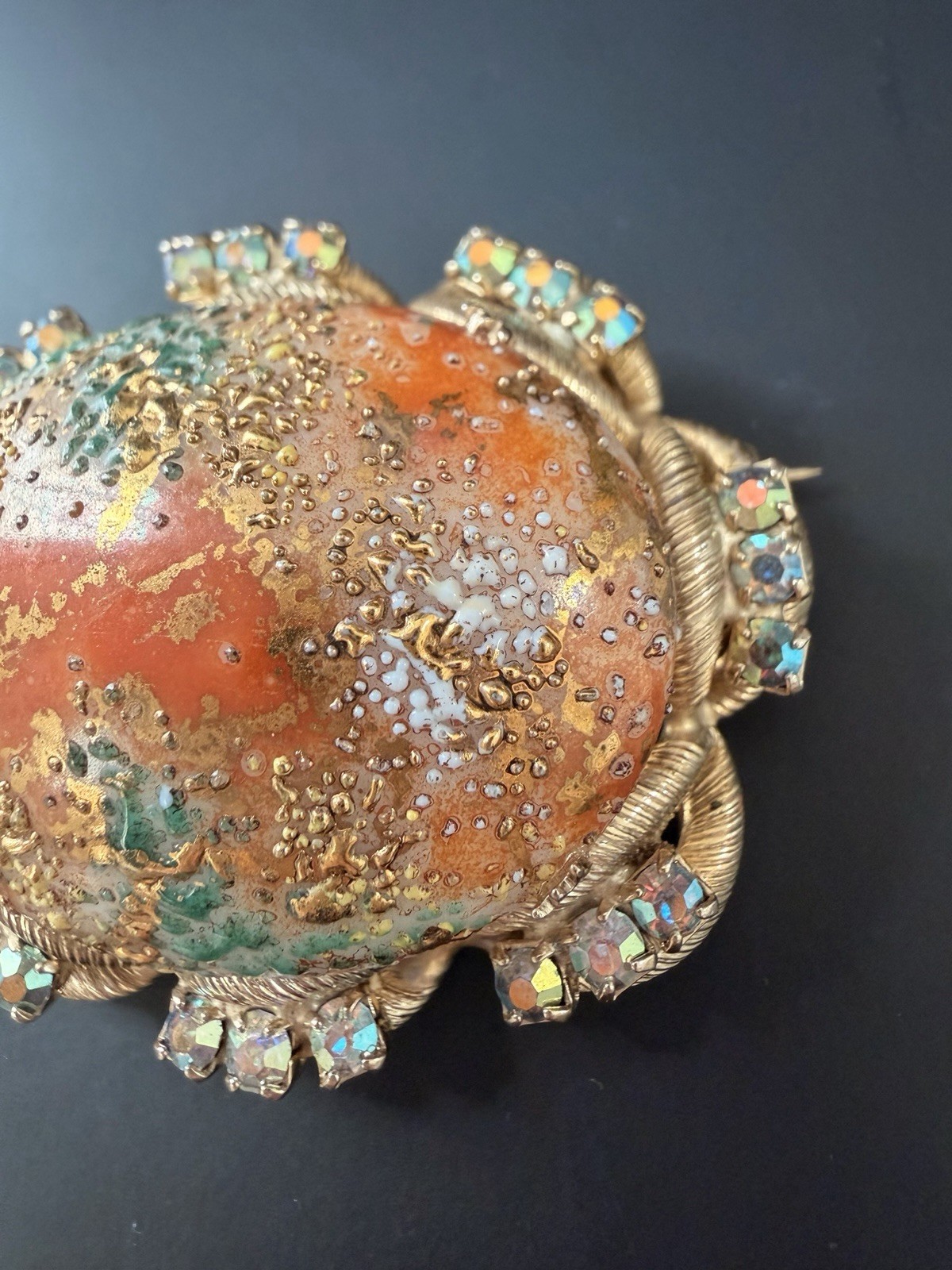 Vintage Easter Egg Orange Glass Cabochon and Clear Crystal Gold Tone Brooch
