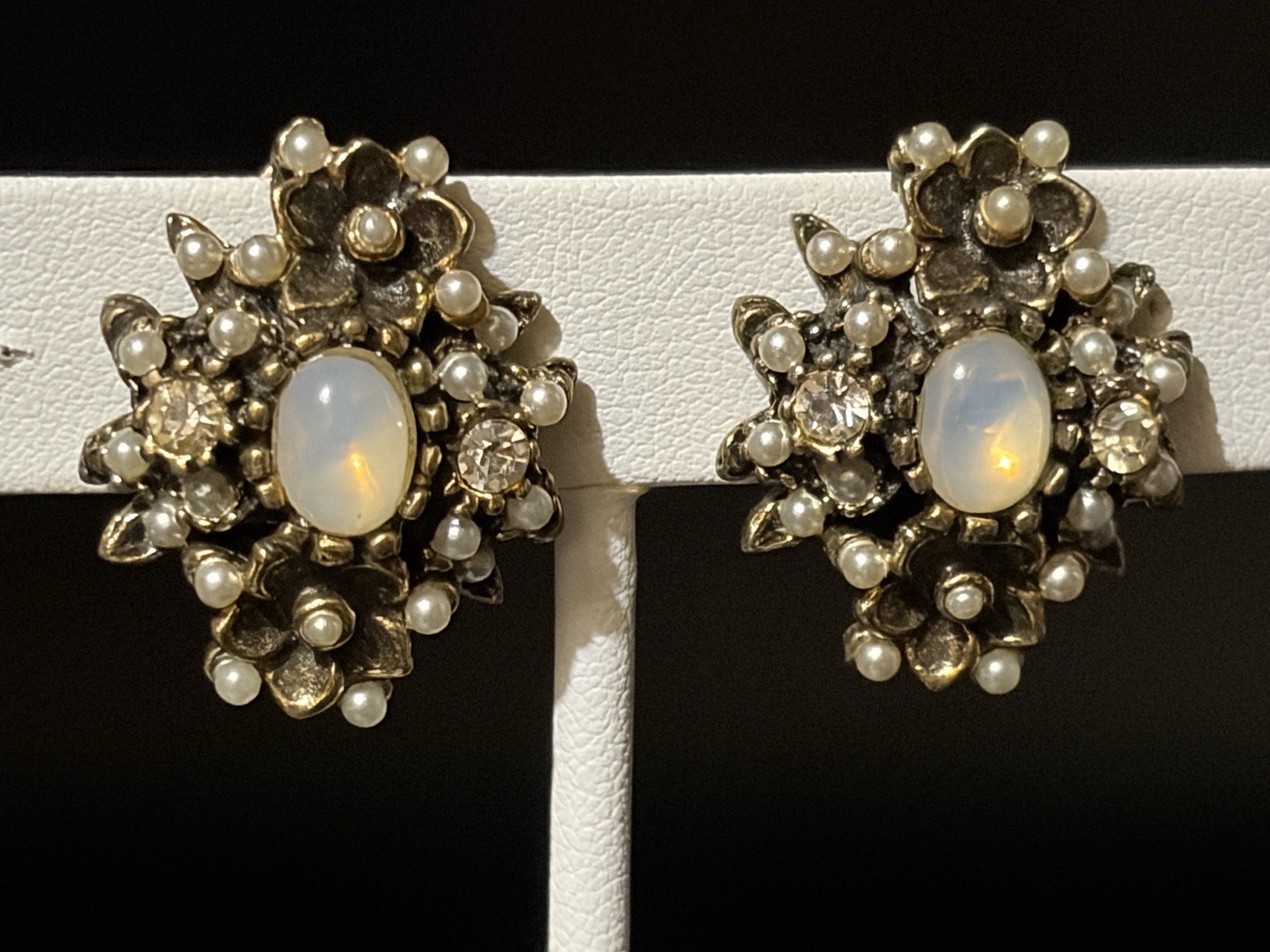 Vintage Opaline Glass Pearl Rhinestone Floral Clip Earrings Gold Tone