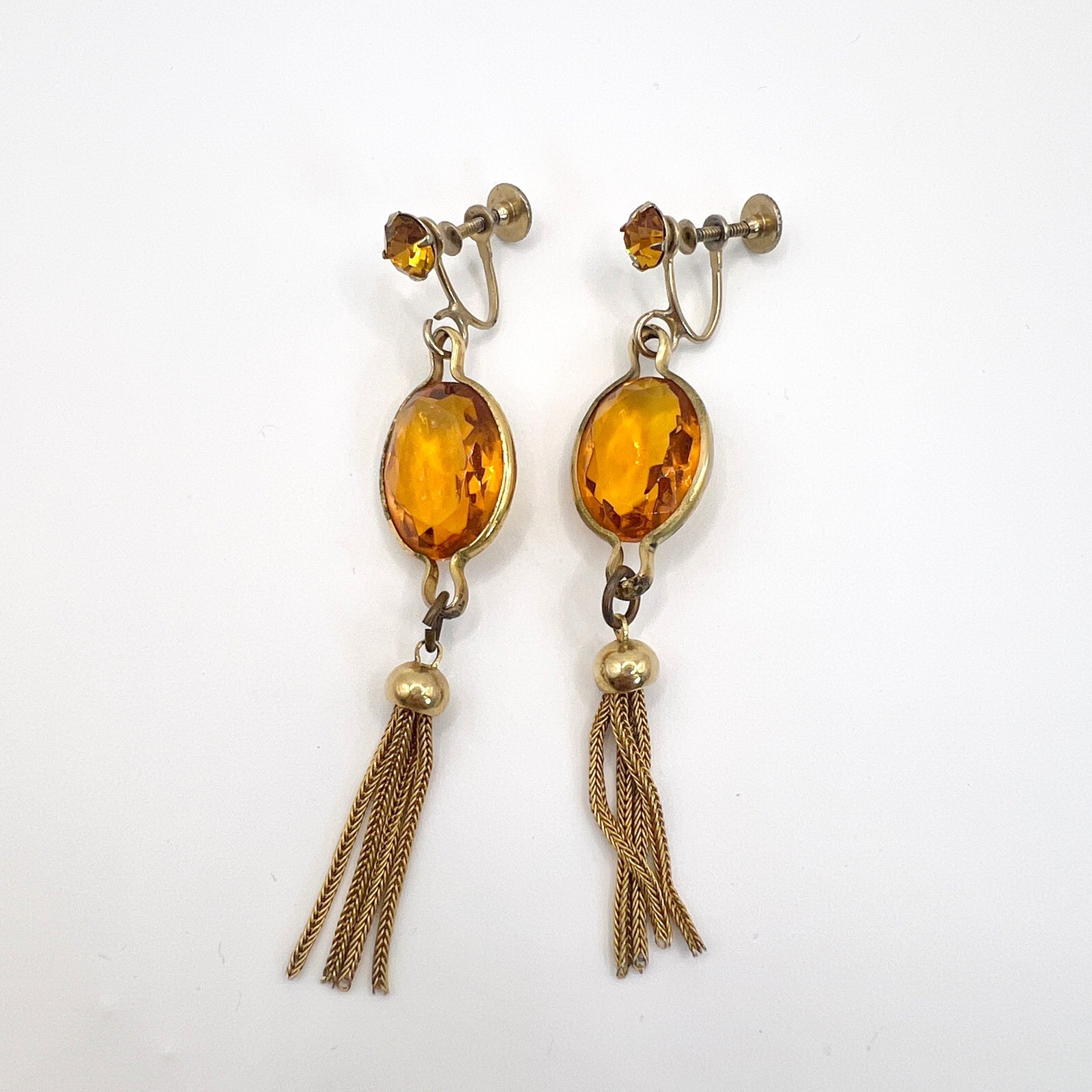 Vintage Amber Glass Tassel Dangle Earrings Gold Tone Screw Back Art Deco Style