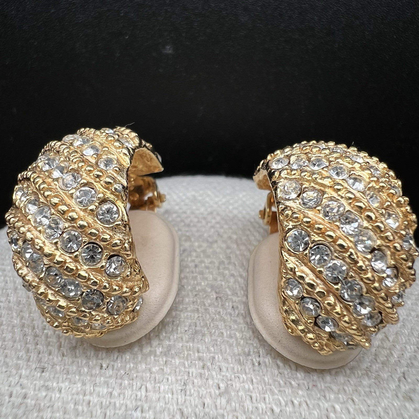 Vintage Gay Boyer Rhinestone Dome Clip Earrings Gold Tone Pave Glam Statement
