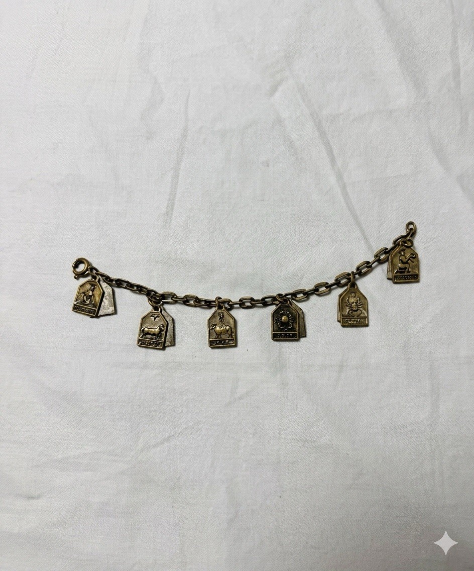Vintage Zodiac Signs Charm Bracelet Antiqued Brass Tone Metal Astrology Jewelry