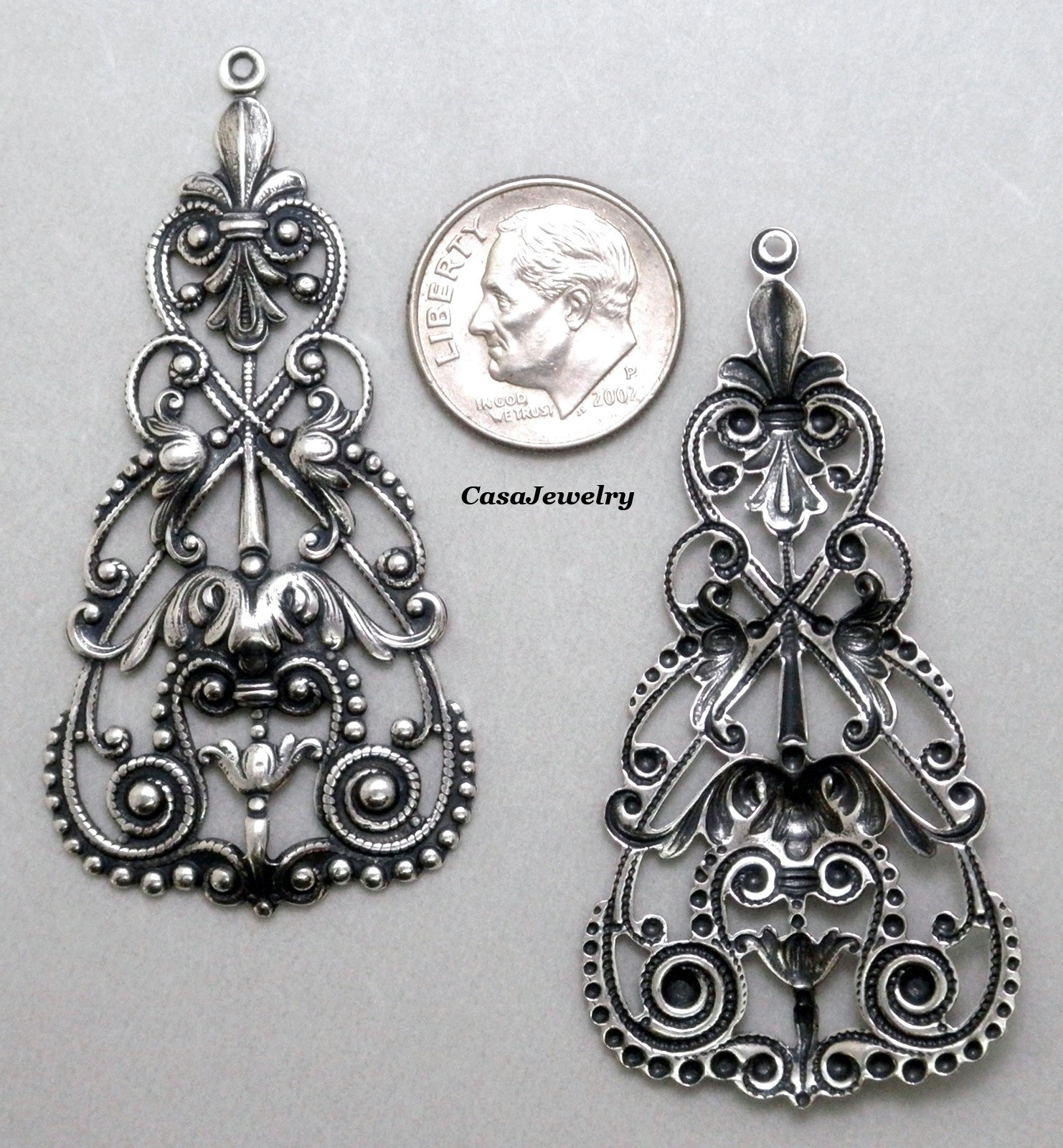 #4034 ANTIQUED .925 STERLING SILVER PLATED FILIGREE W/TOP HANG RING – 2 Pcs