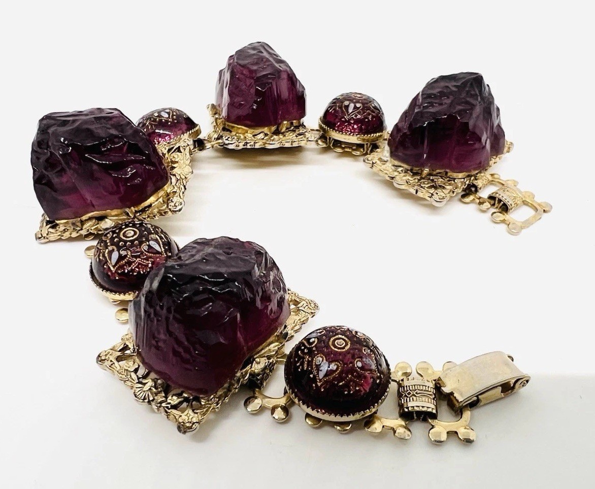 Chunky Purple Molded Glass & Lava Rock 3D Book Chain Bracelet Vintage Jewelry