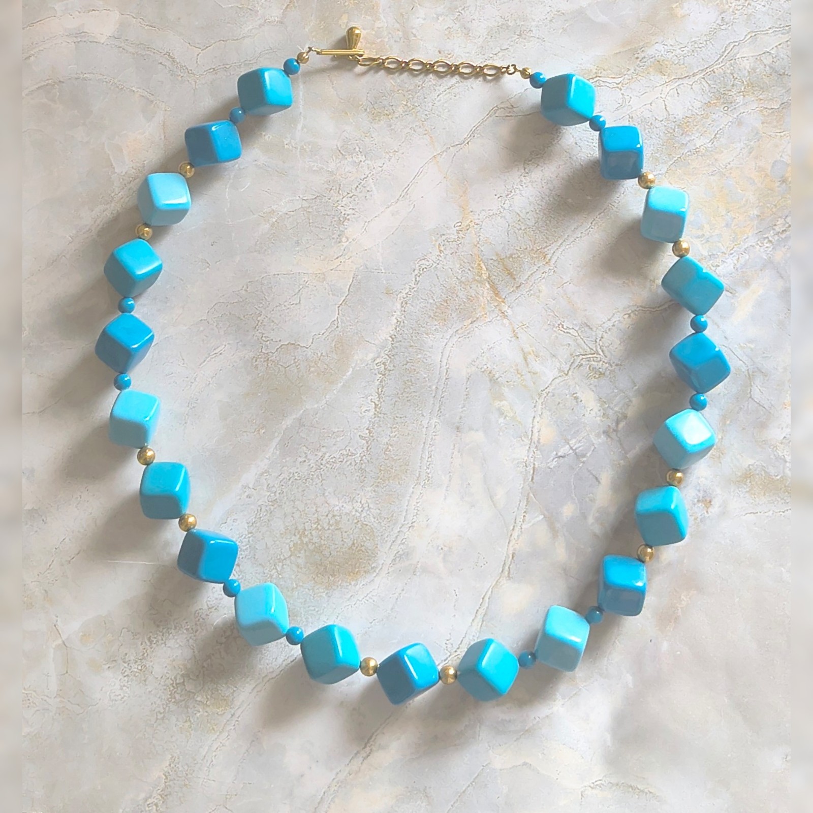 Vintage Teal Blue Acrylic Chunky Square Geometric Bead Collar Necklace