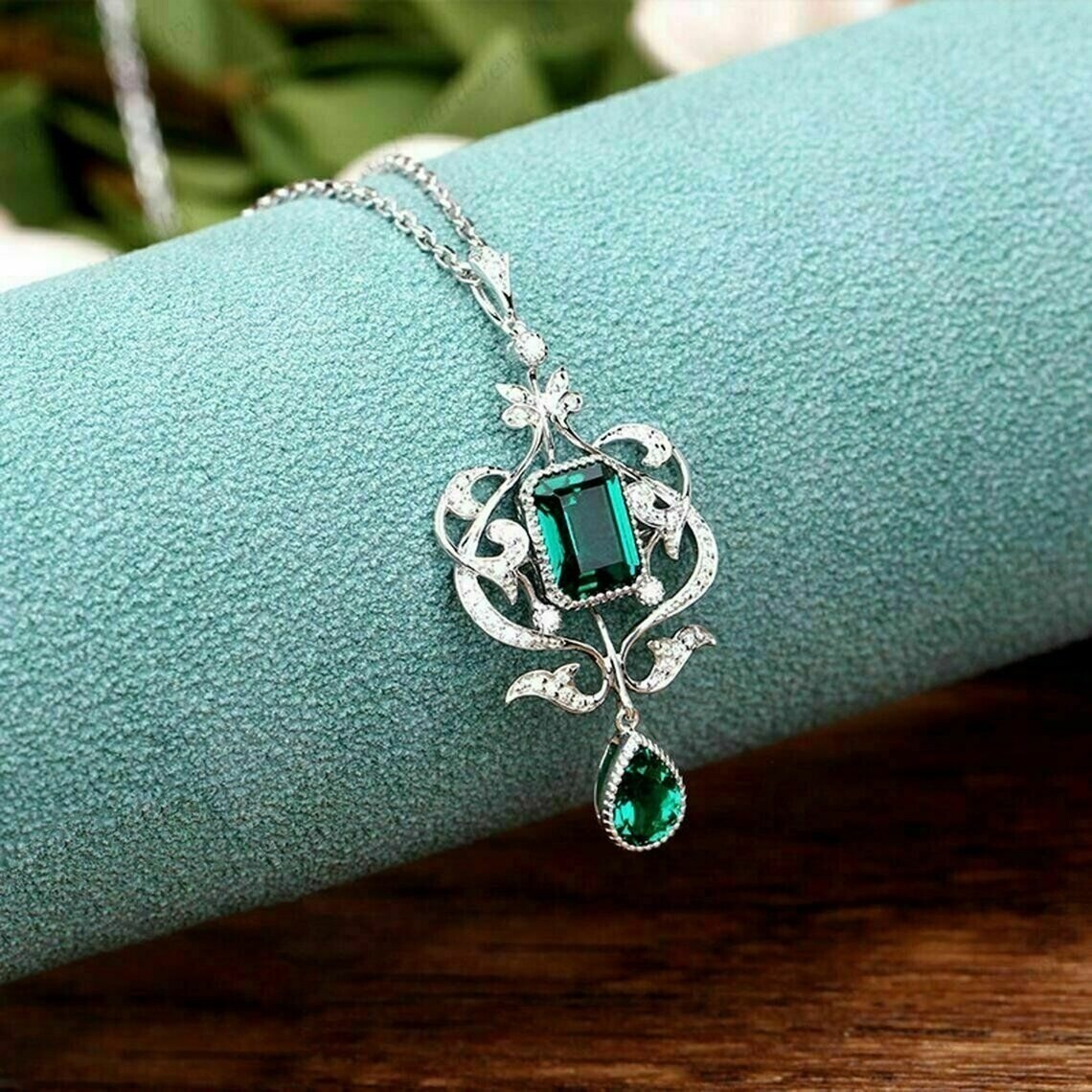 Art Deco Party Wear Emerald & Simulated Diamond Wedding 925Silver Gift Pendant