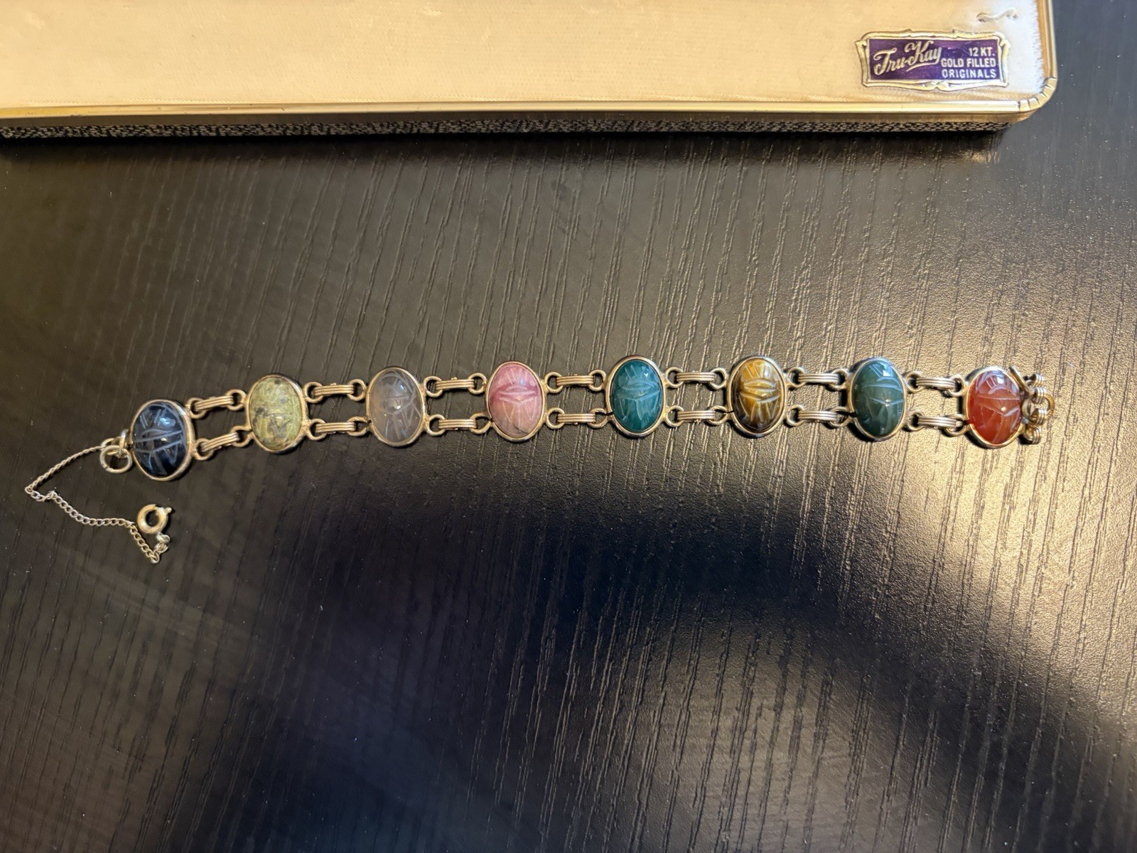 Vintage SCARAB 12kt Gold-filled Double link Multi-stone Bracelet In Original Box