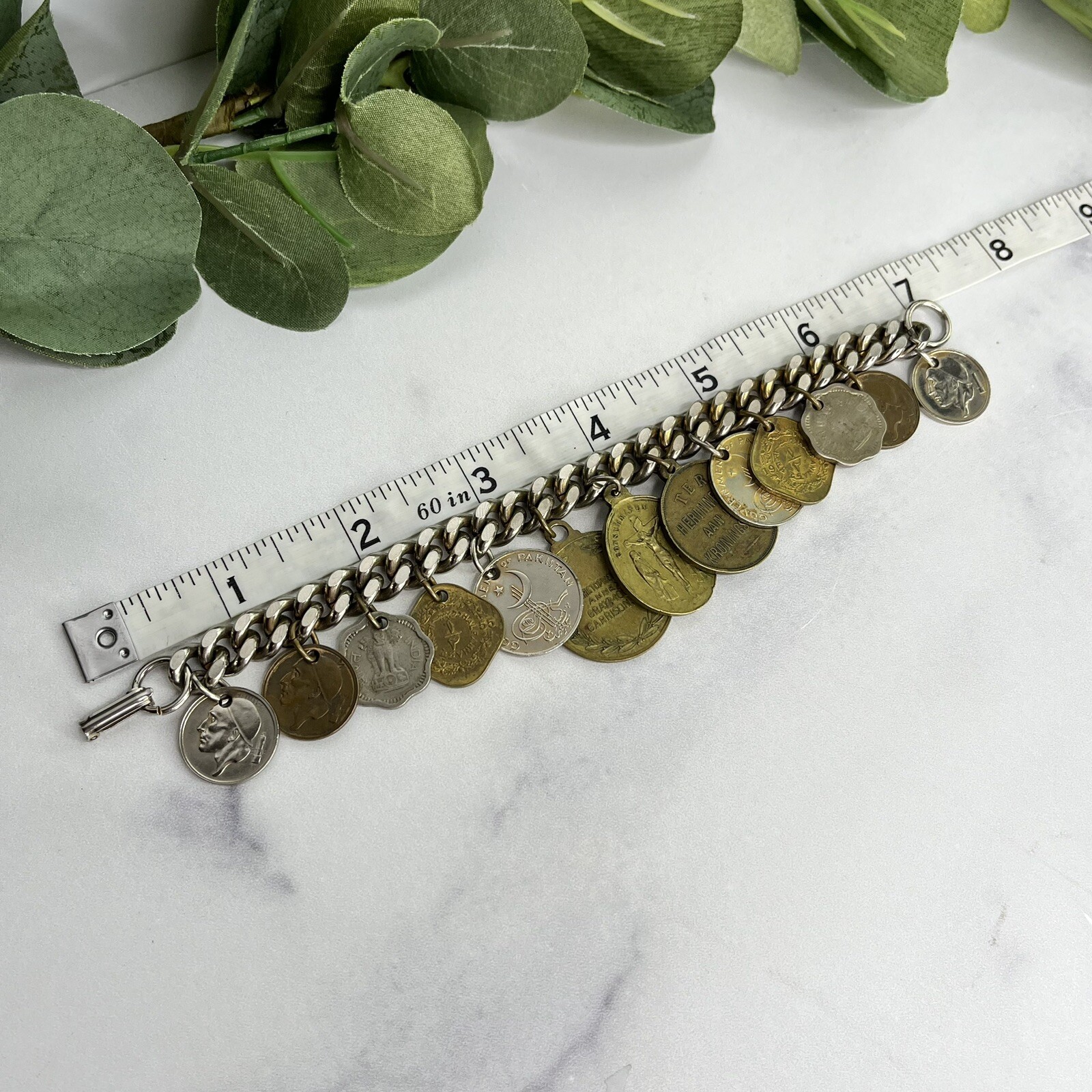 Vintage 13 Coin Charm Bracelet Belgium, India, Pakistan 1957 1959 1955 7”
