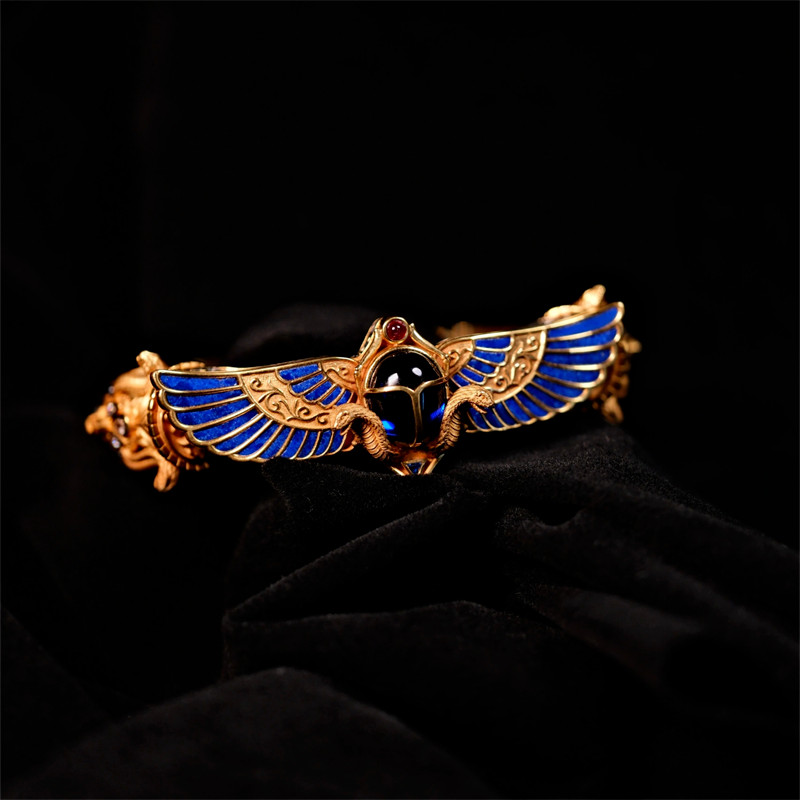 Ancient Egyptian Winged Scarab Open Cuff Bracelet Vintage Gold Plated Jewelry