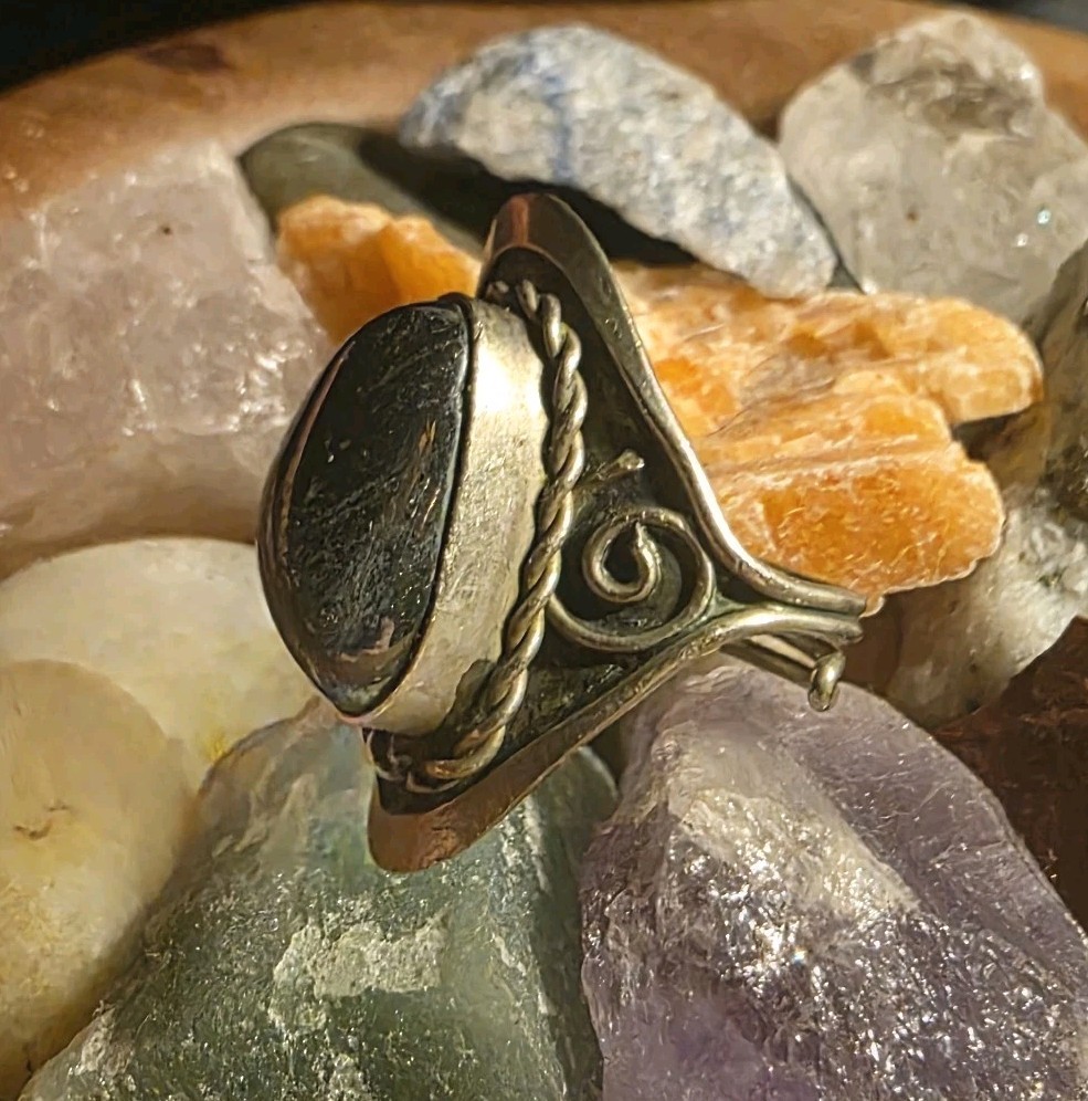 Large Vintage Silver Plated Hematite Dark Metallic Black Stone Adjustable Ring