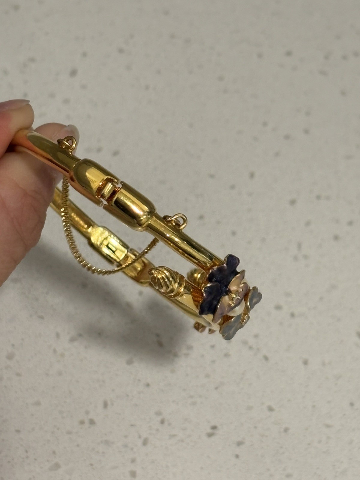 Vintage Joan Rivers Flower Bangle Bracelet Pearl Gold Tone With Safety Chain