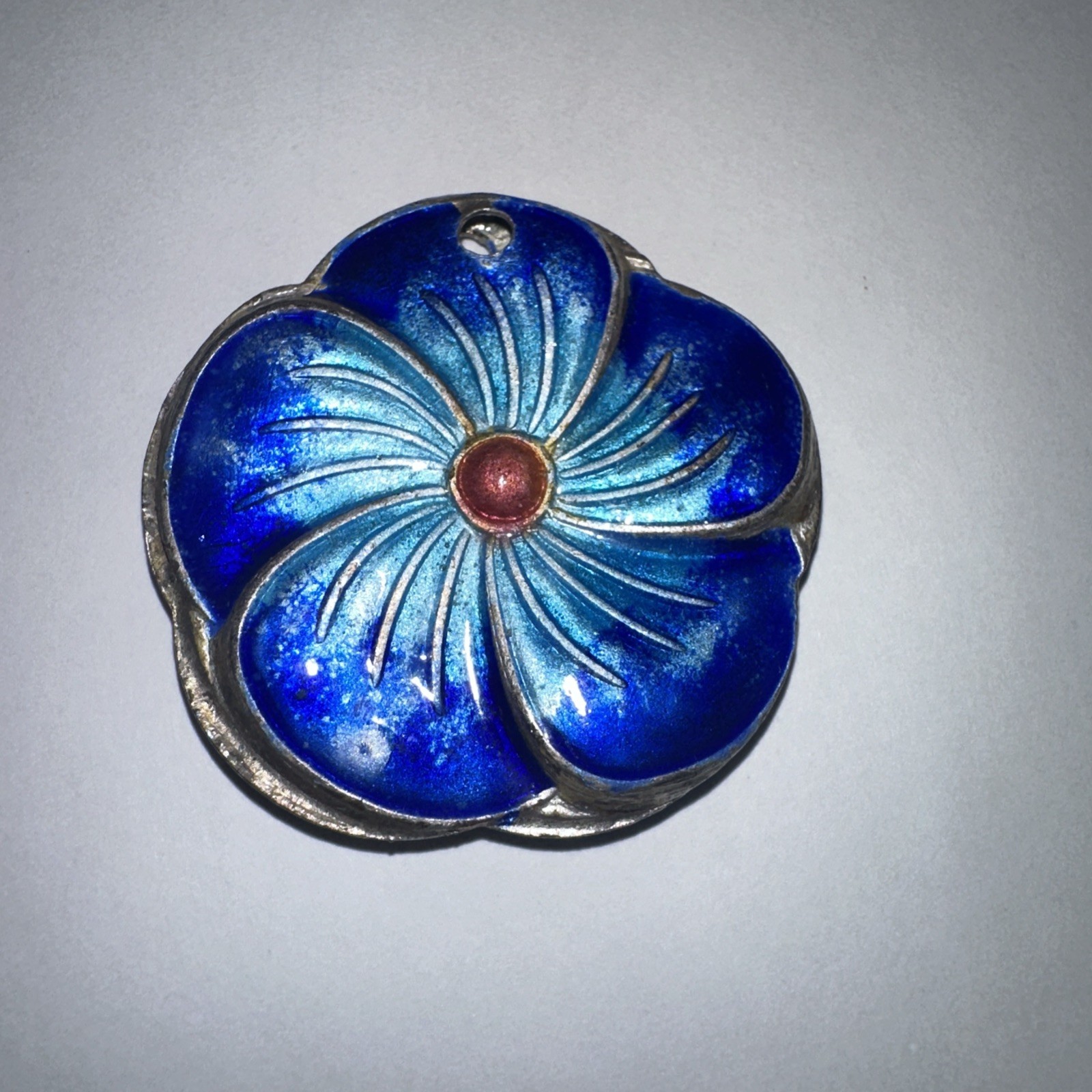 Vintage Chinese Champlevé Enamel Flower Pendant Blue Enamel- 1 3/8” Pendant Only