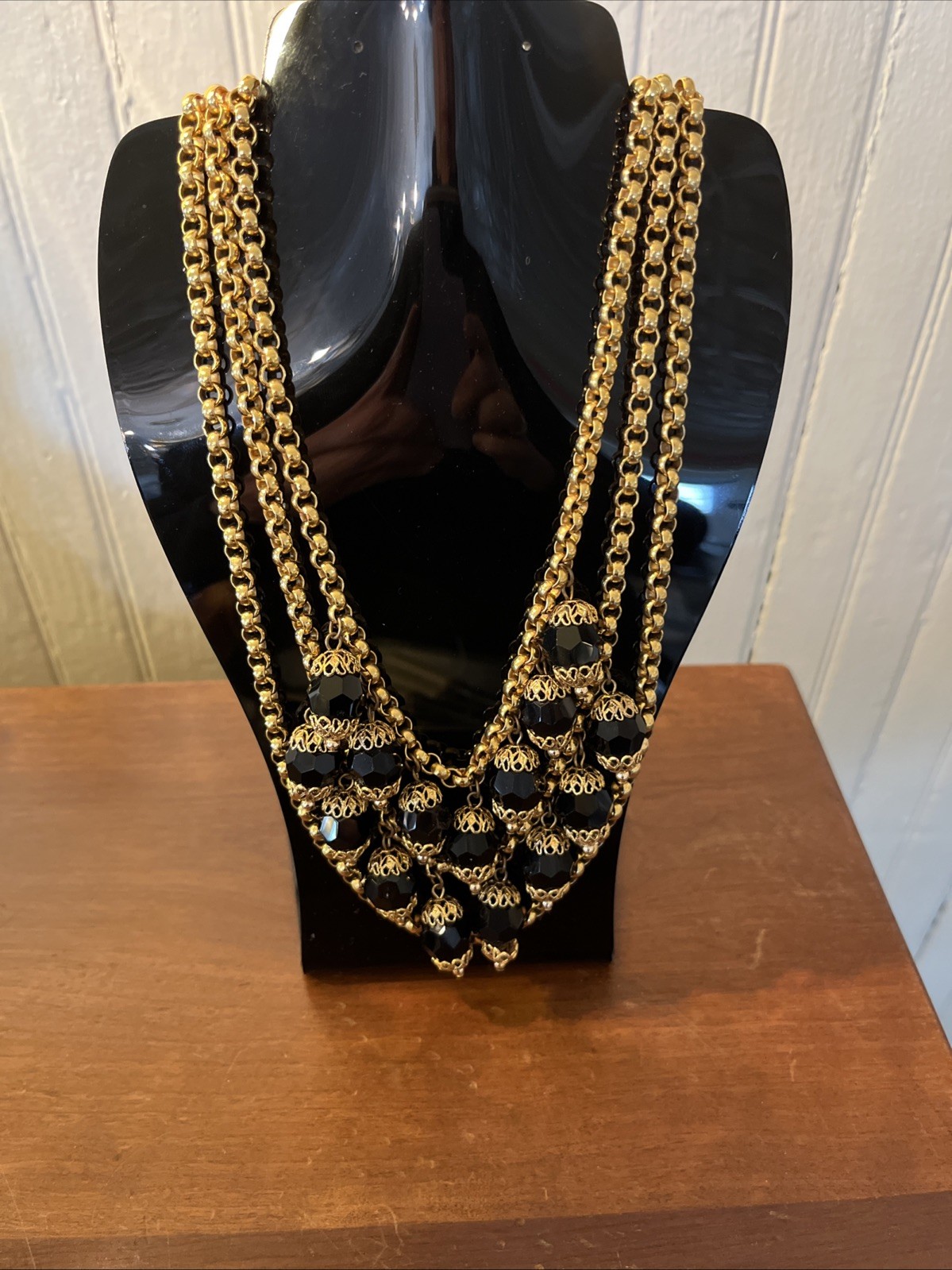 Vintage Channel Like Black And Goldtone Beaded Necklace With Easy To Use Clasp