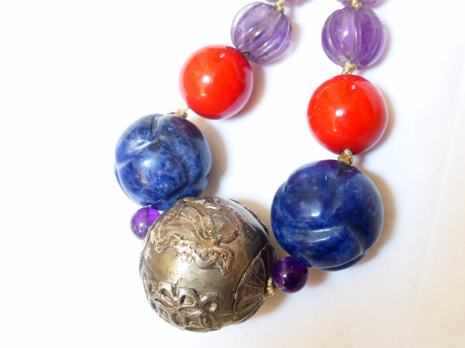 Vintage Carved Amethyst, Lapis, Laquer Beads Necklace, Sterling Bead, Clasp
