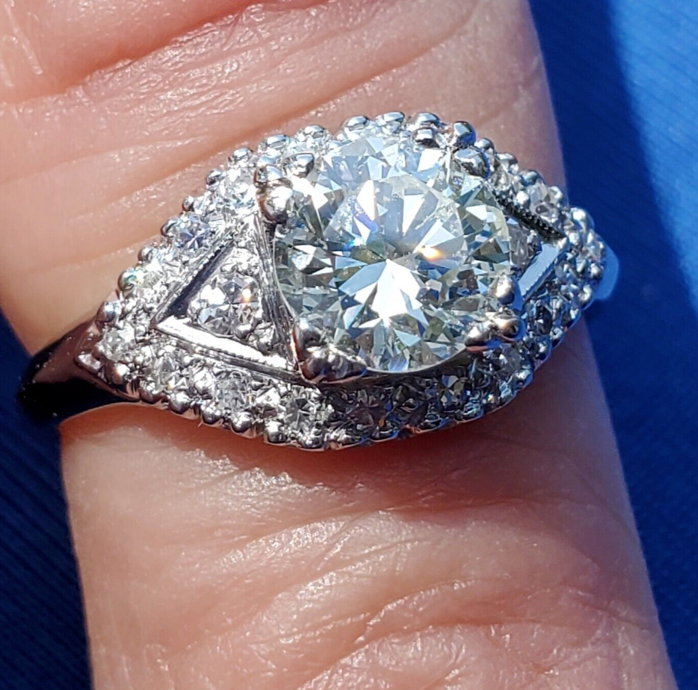 Original EARTH MINED DIAMOND Deco SOLID PLATINUM Engagement Ring & Wedding Band