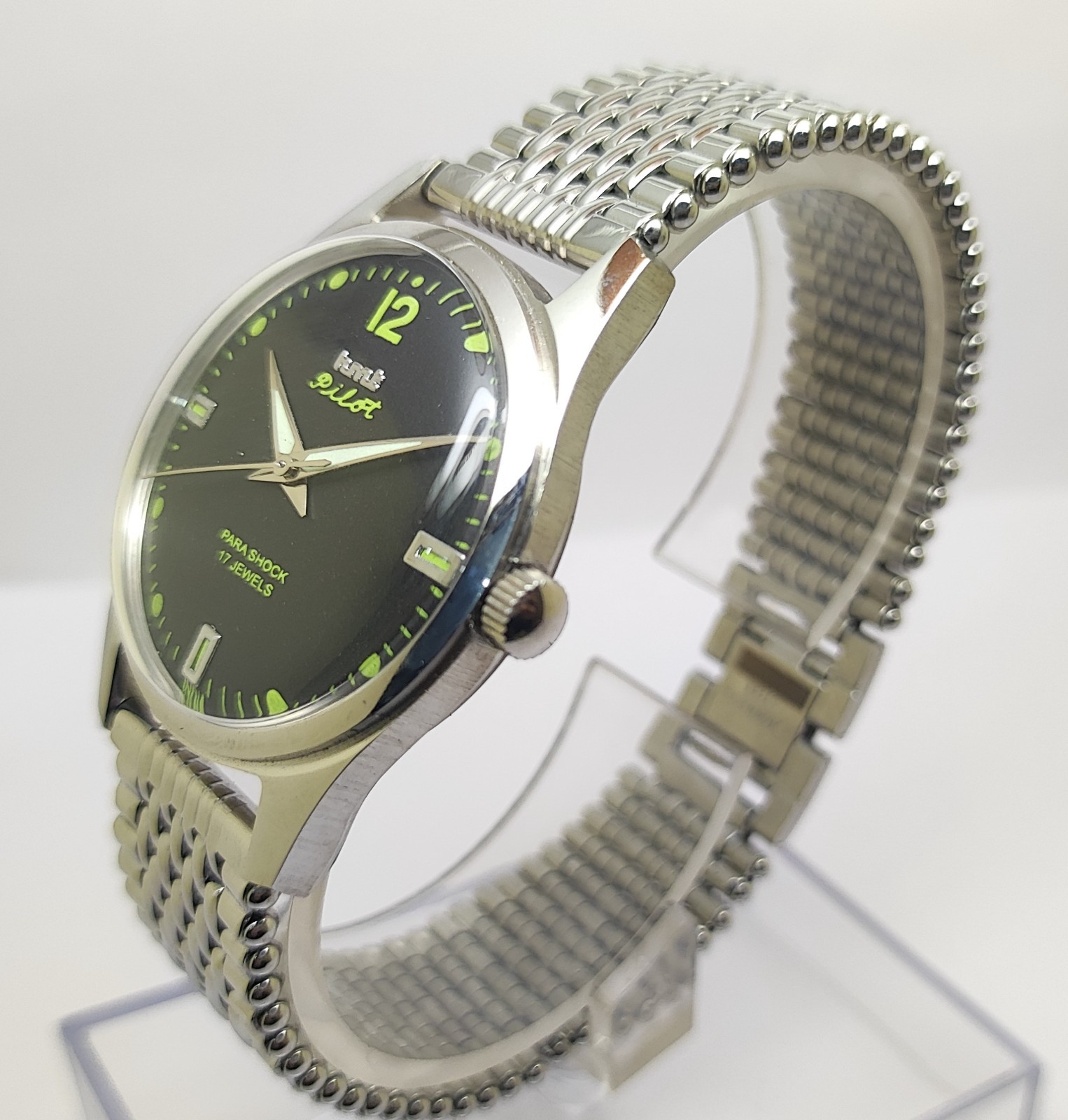 HMT Pilot Mechanical Hand Wound Green Lume Dial 17 Jewels Para Shock Vintage