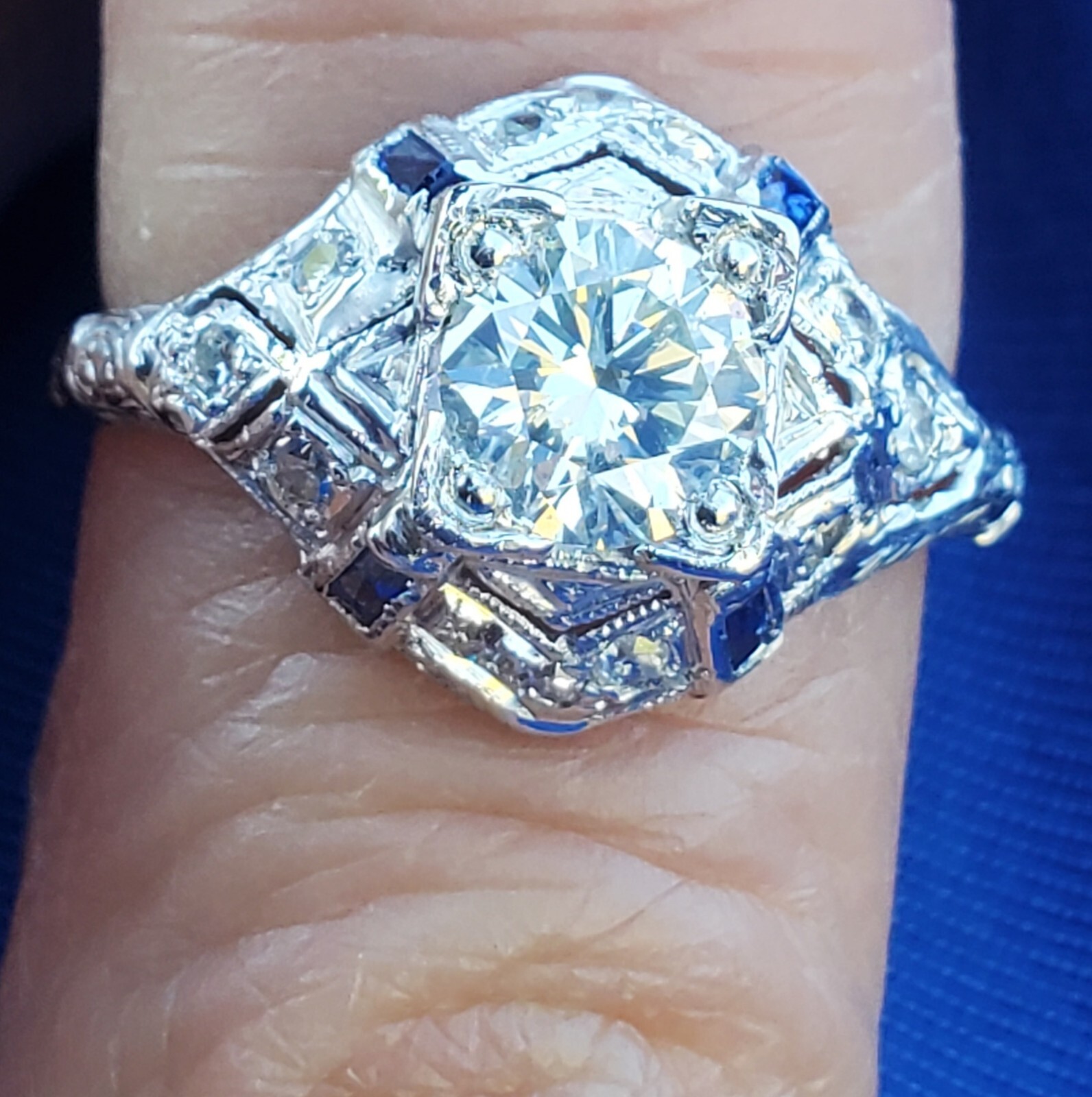 Original EARTH MINED DIAMOND Deco Engagement Ring 1 ct Vintage PLATINUM Sapphire