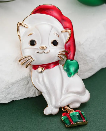 BROOCH-Cute Christmas Cat Enamel and Rhinestone Accents Brooch, Ideal Gift