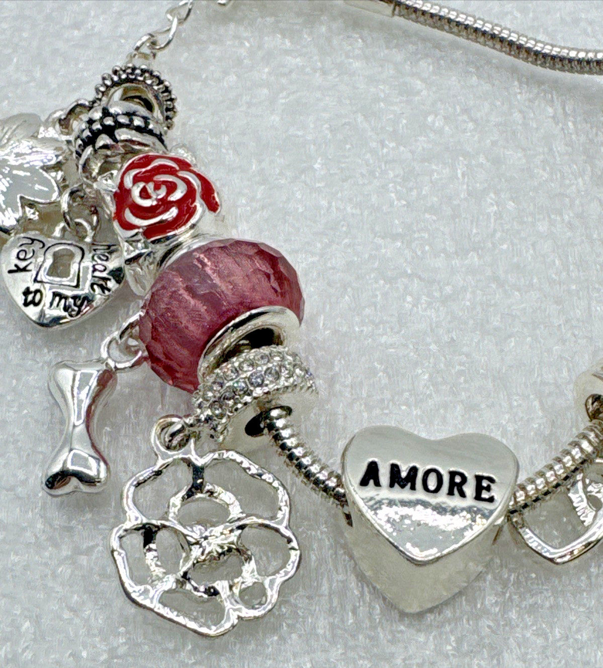 Silver Tone Snake Chain Charm Bracelet 6.5” – 13 Charms Pets Flowers Hearts Love