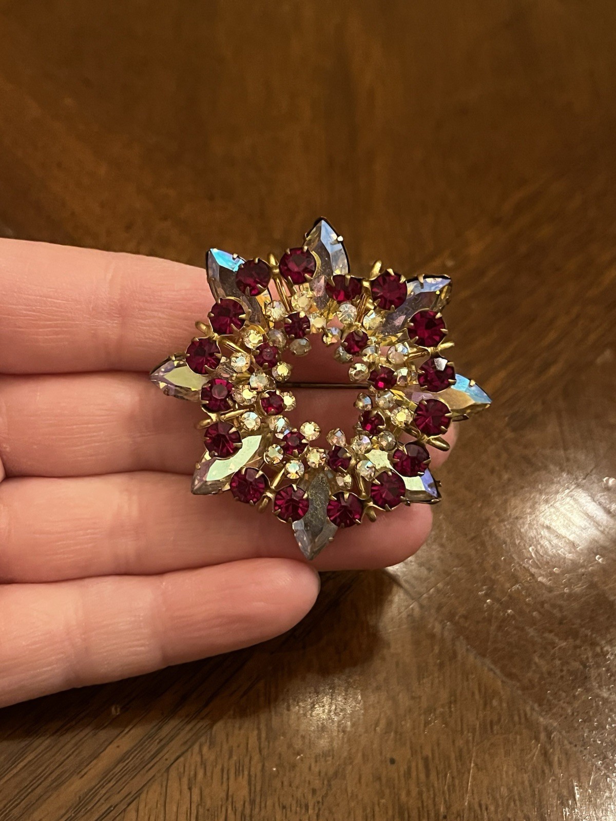 Vintage Austrian Red & Clear AB Rhinestone Floral Wreath Brooch Gold Tone Nice!