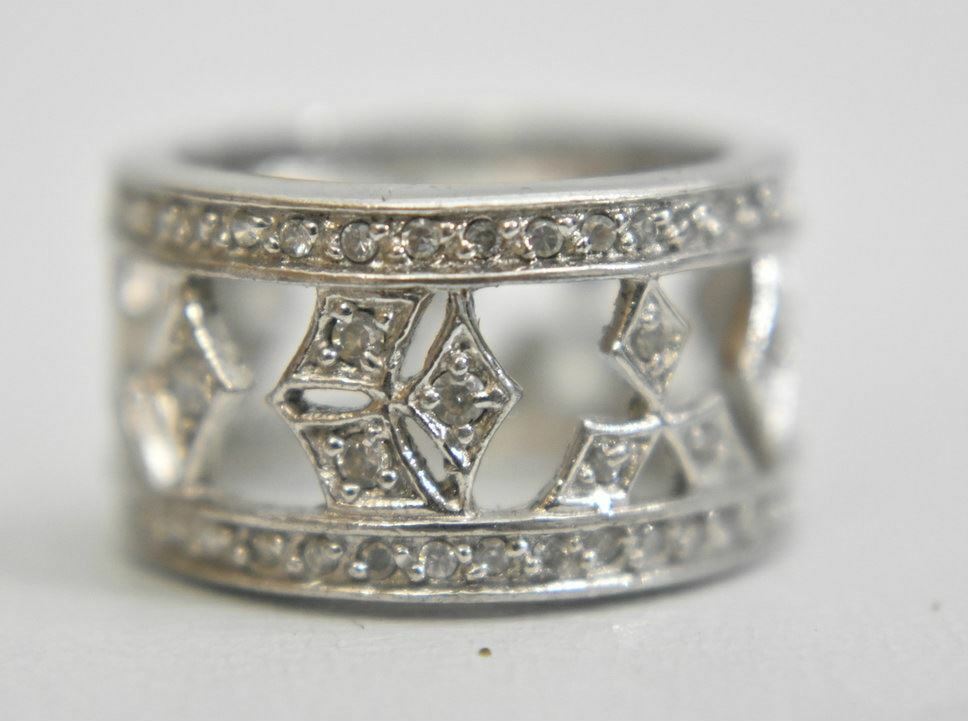 Crystal ring or wide band boho cocktail pinky sterling silver Size 5.50