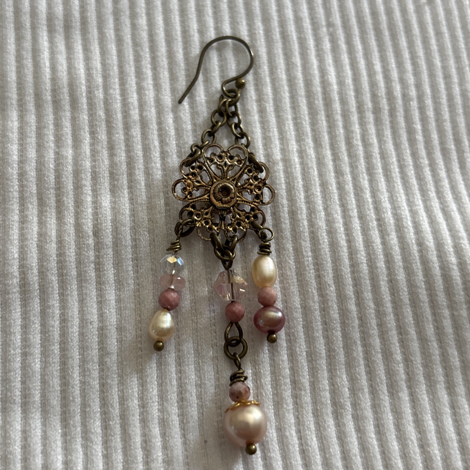 Vintage Boho Earrings Brass-Tone w/Opal-Glass on Alloy Filigree, Pearl+ danglers