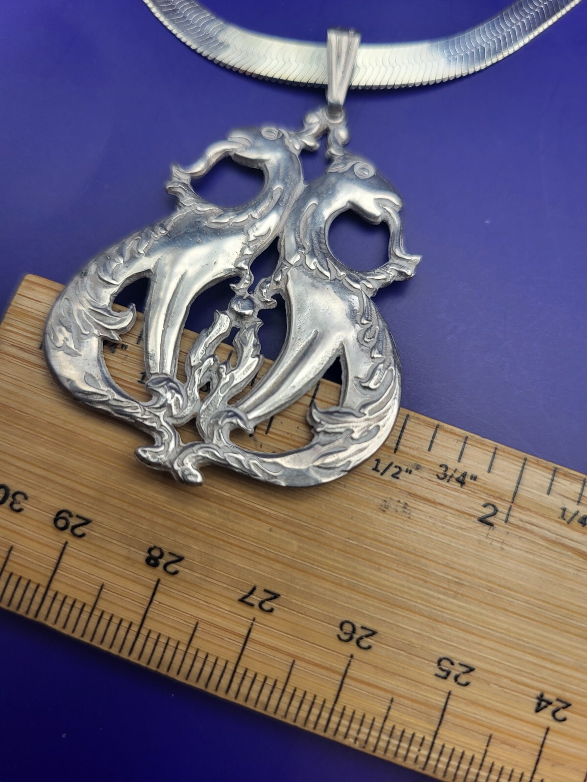 Sterling Silver ITALY 5mm Etched Herringbone Chain Necklace W Dragon Pendant 30g
