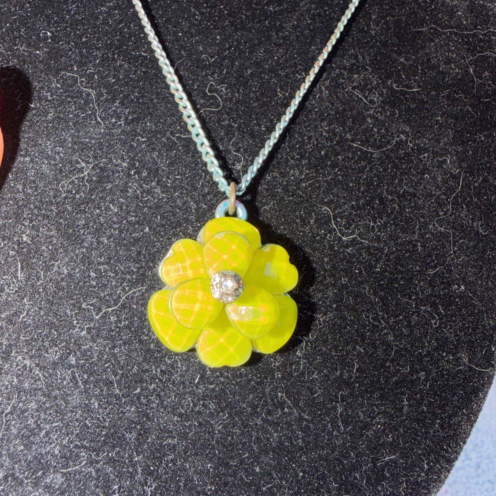 Vintage Silver Tone Lime Green Art Glass Cluster Flower Rhinestone Necklace