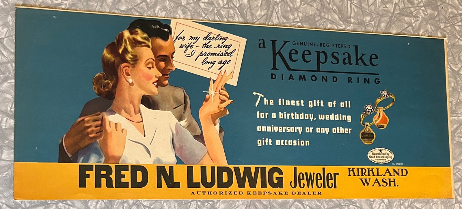 OLD LUDWIG JEWELER KIRKLAND WA KEEPSAKE DIAMOND WEDDING RING TROLLEY CARD SIGN