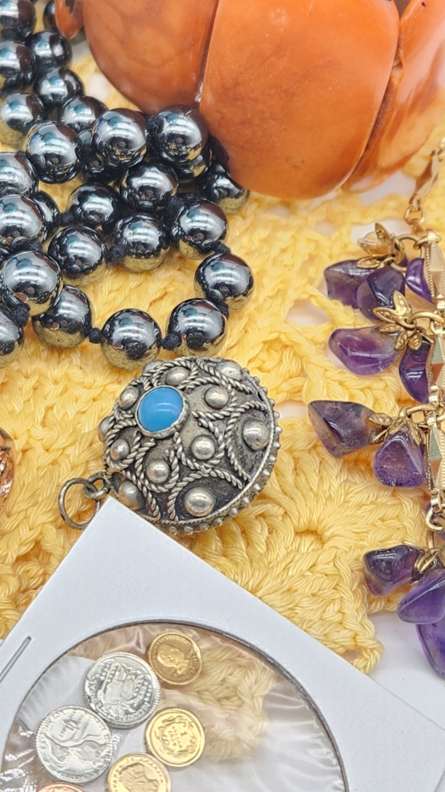 Estate Mixed Jewelry Lot + Mini Coins + Carnival Glass Bowl Unsearched Untested