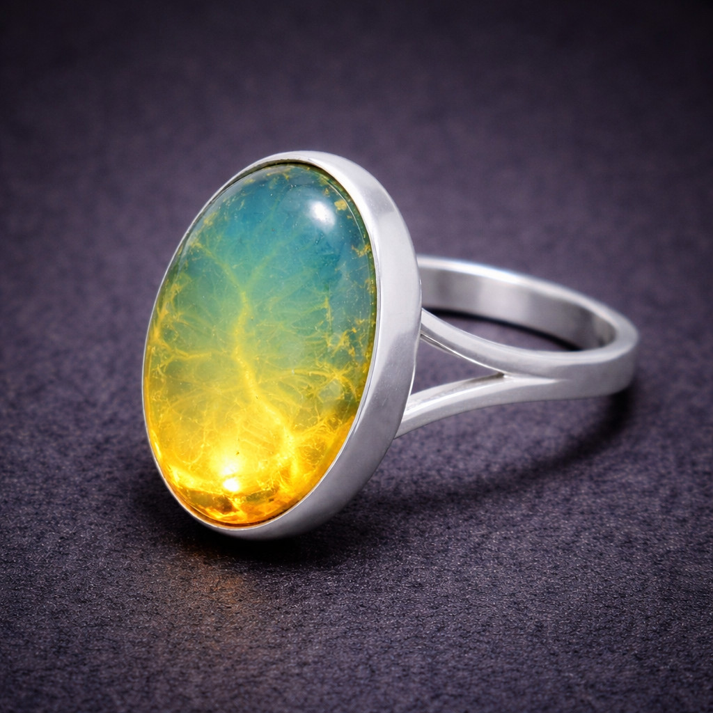 Exquisite Natural Clear Sky Blue Amber .925 Sterling Silver Ring #6.5