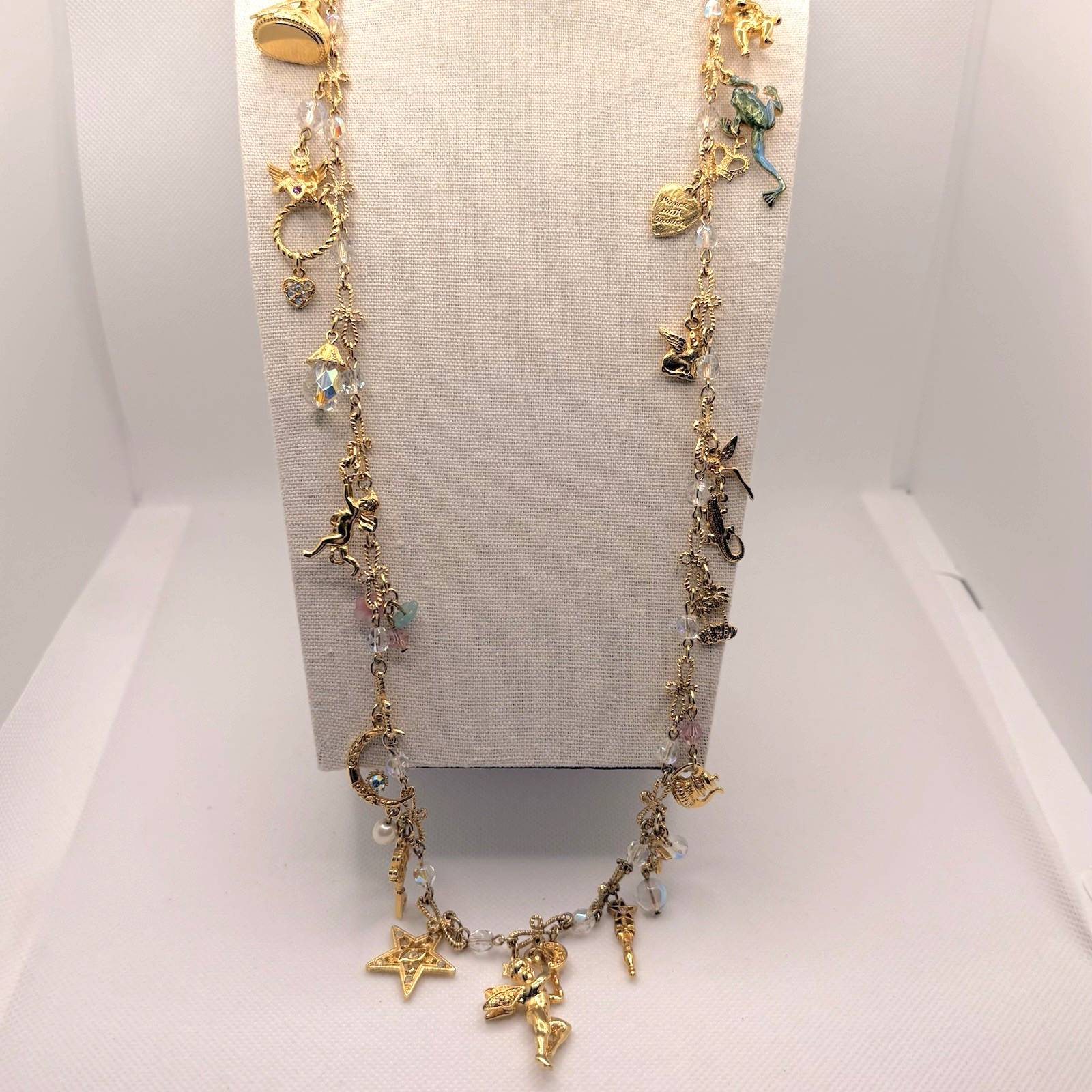 Kirks Folly Charm Necklace Angels Rings Hearts Frog Cat Alligator Crystals RARE
