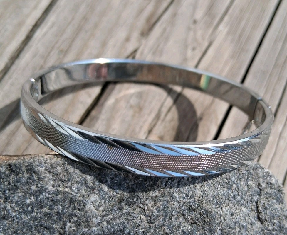Vintage Etched Stainless Steel With Safety Chain Bangle Cuff Bracelet