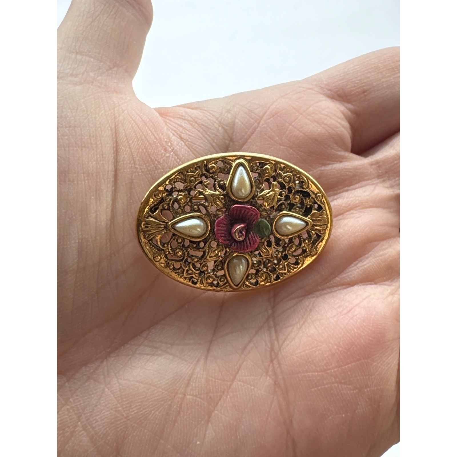 Vintage Victorian Revival Gold Tone Filigree Oval Brooch Faux Pearl Red Rose