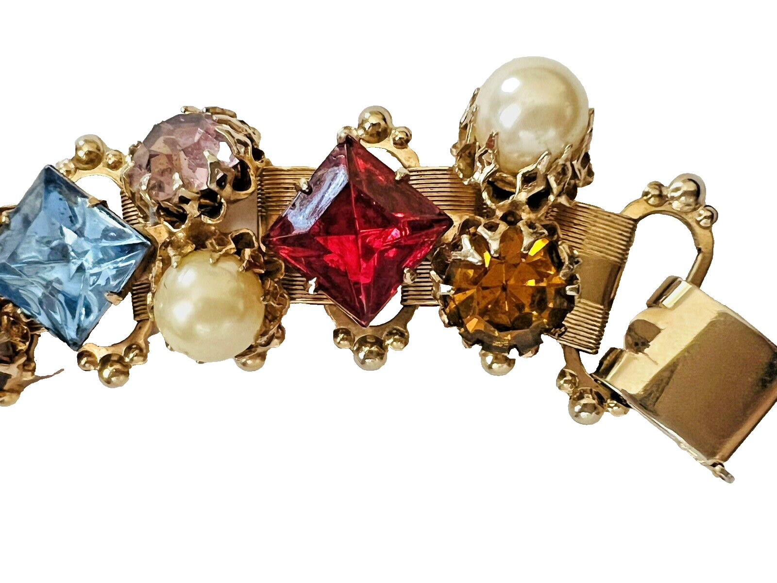 Victorian Revival Gold Tone Multicolored Rhinestone & Pearl Book Chain Bracelet