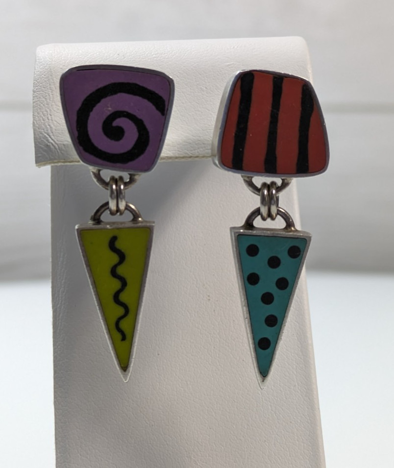 Susan Dyer Sterling Silver & Polymer Clay Artisan Swirl Pierced Earrings 1 5/8″