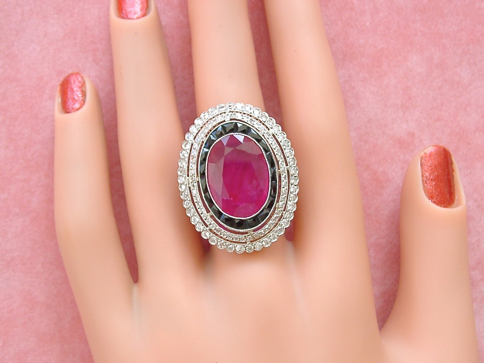 ESTATE ART DECO 12ct RUBY 1.4ctw DIAMOND BLACK SPINEL PLATINUM BIG COCKTAIL RING