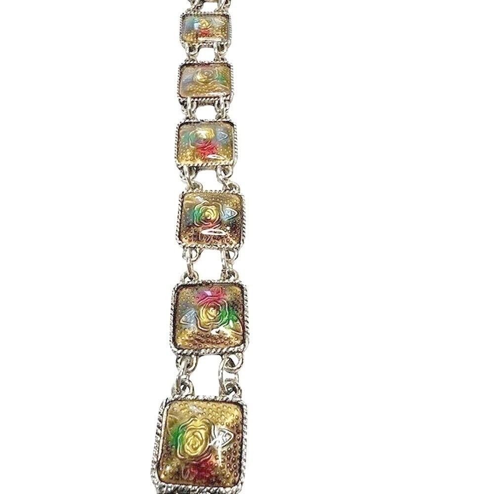 Vintage Floral Panel Link Bracelet Enamel Rose Gold Tone Boho Jewelry
