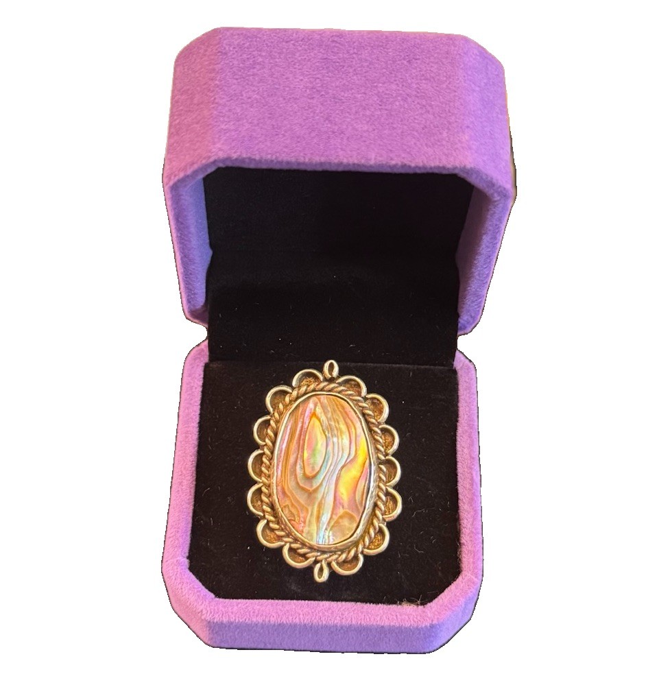 Stunning Vintage Estate Silver Abalone Oval Statement Ring Scalloped Size 7.75